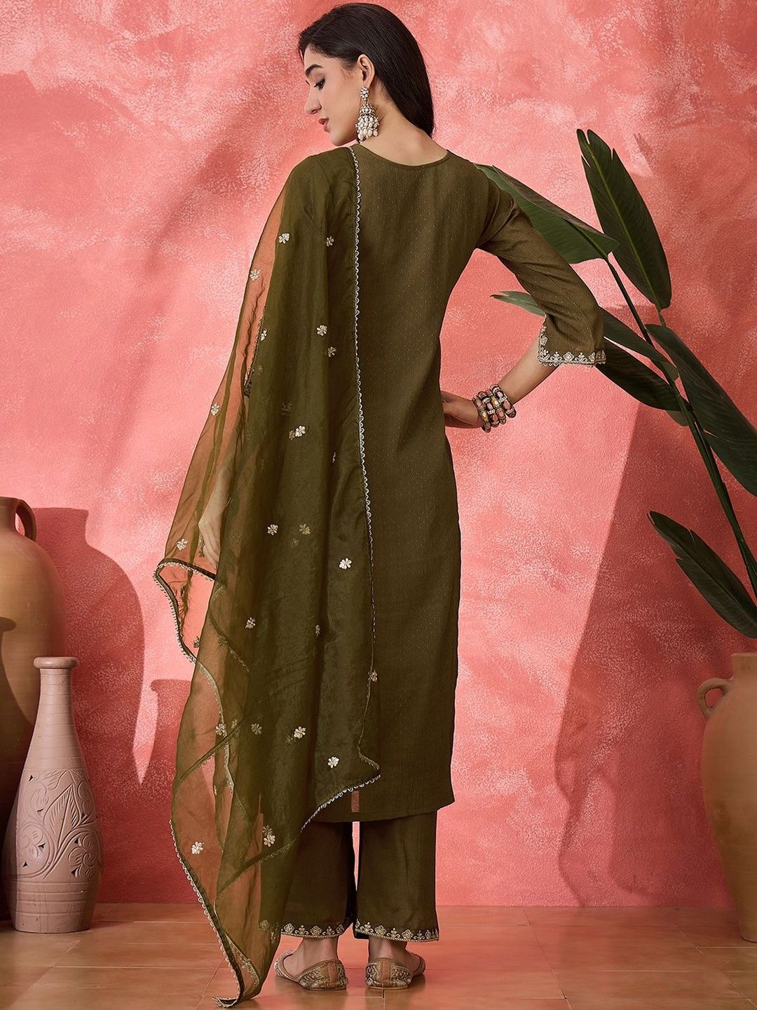 Dhiyona SN Ethnic Motifs Embroidered Straight Kurta with Palazzos & With Dupatta