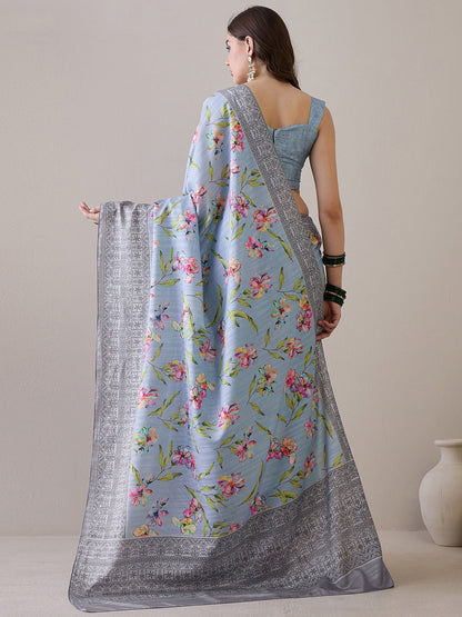 Women's Silk Blend Grey Printed Designer Saree With Blouse Piece