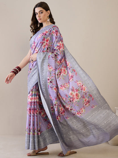Women's Silk Blend Lavendar Printed Designer Saree With Blouse Piece
