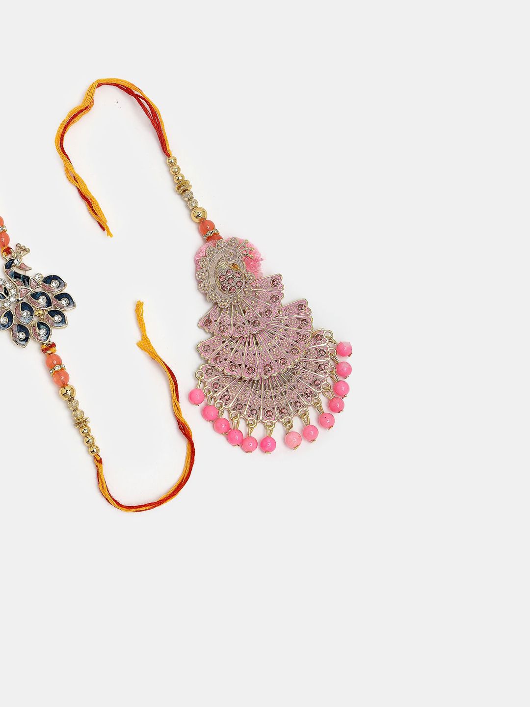 Dhiyona Unisex Set Of 2 Multicolor Peacock Design Stone & Beaded Bhaiya Bhabhi Rakhi