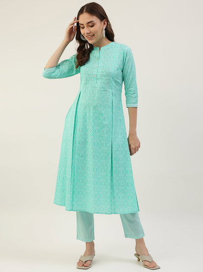 Women's Turquoise A-Line Cotton Kurta with Pant