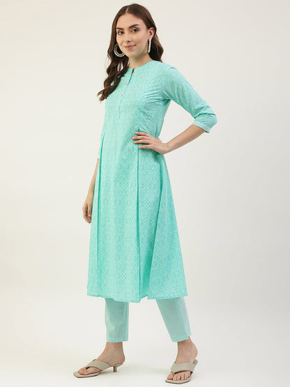 Women's Turquoise A-Line Cotton Kurta with Pant