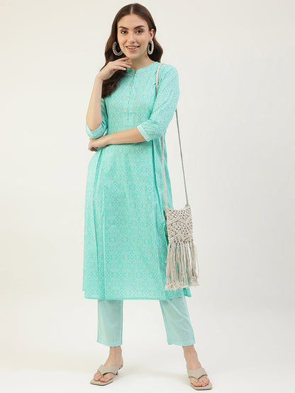 Women's Turquoise A-Line Cotton Kurta with Pant