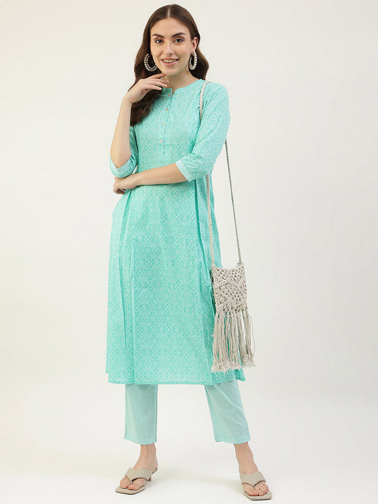 Women's Turquoise A-Line Cotton Kurta with Pant