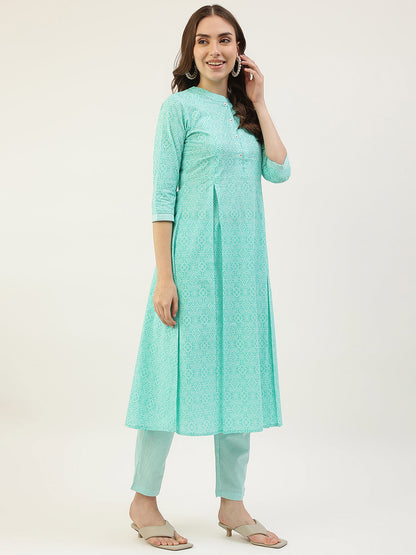 Women's Turquoise A-Line Cotton Kurta with Pant