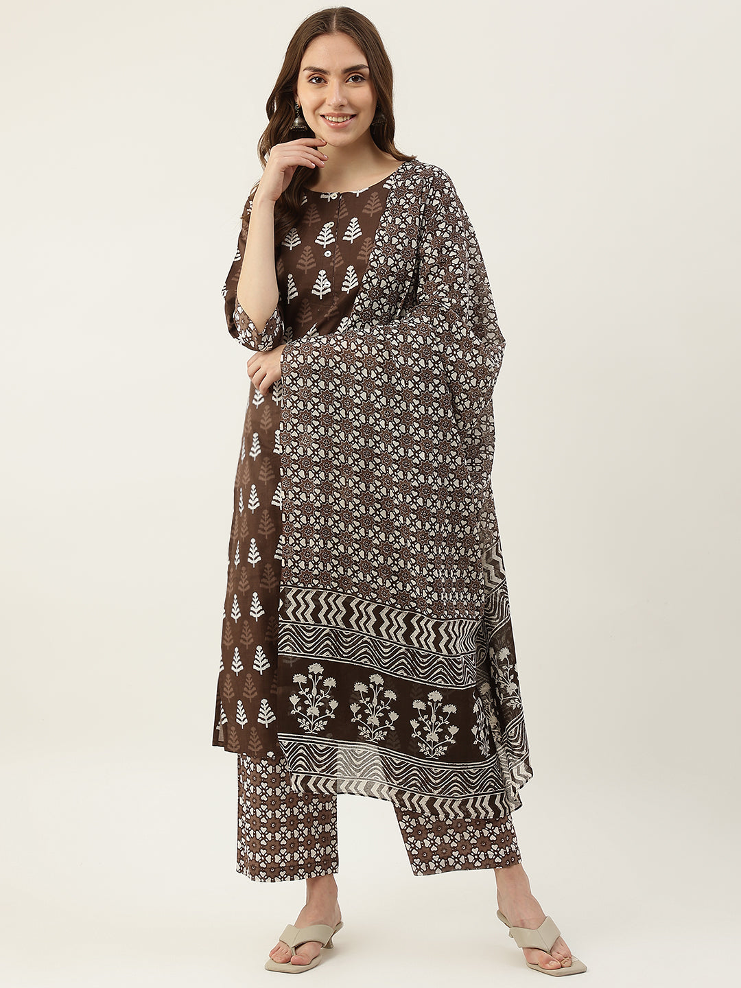 Women's Brown Straight Cotton Kurta With Palazzo And Dupatta