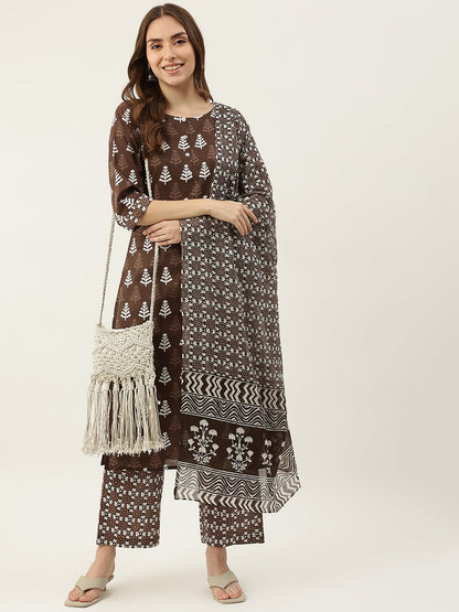 Women's Brown Straight Cotton Kurta With Palazzo And Dupatta