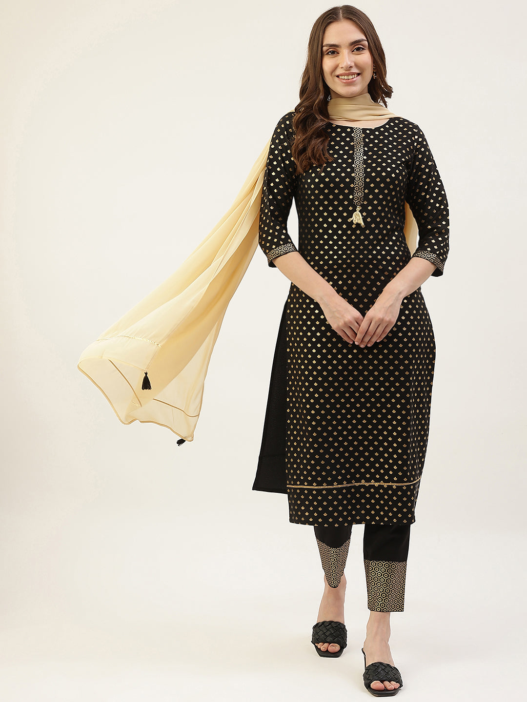 Women's Black Poly Crepe Straight Kurta with Pant and Dupatta