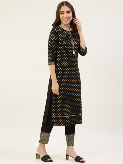 Women's Black Poly Crepe Straight Kurta with Pant and Dupatta