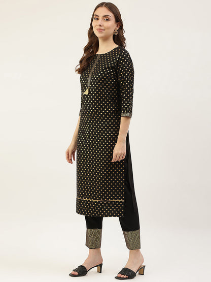 Women's Black Poly Crepe Straight Kurta with Pant and Dupatta