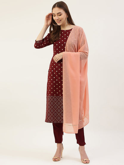 Women's Maroon Poly Crepe Straight Kurta with Pant and Dupatta