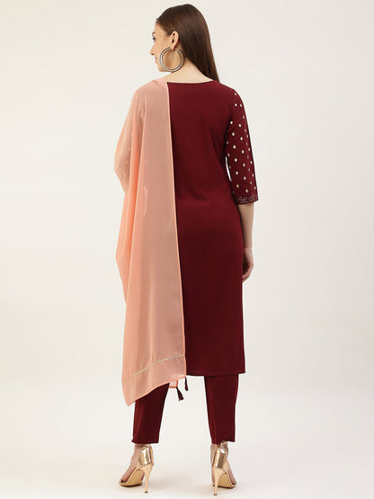 Women's Maroon Poly Crepe Straight Kurta with Pant and Dupatta