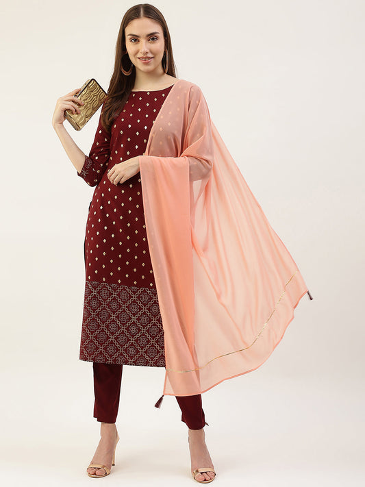 Women's Maroon Poly Crepe Straight Kurta with Pant and Dupatta