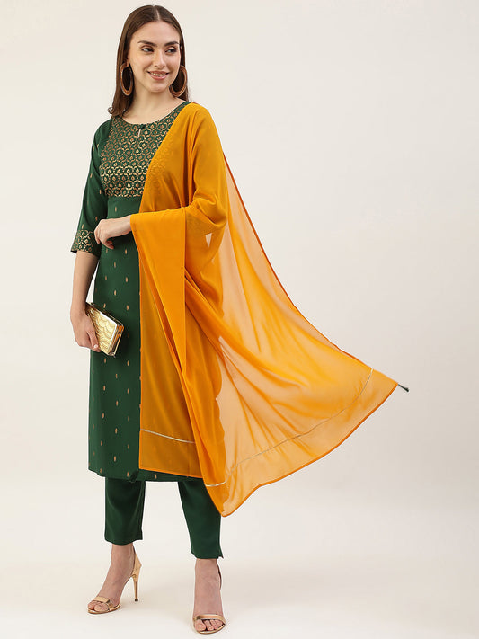 Women's Green Poly Crepe Straight Kurta with Pant and Dupatta