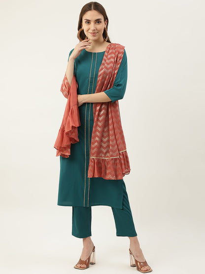 Women's Teal Blue Poly Crepe Straight Kurta with Pant and Dupatta