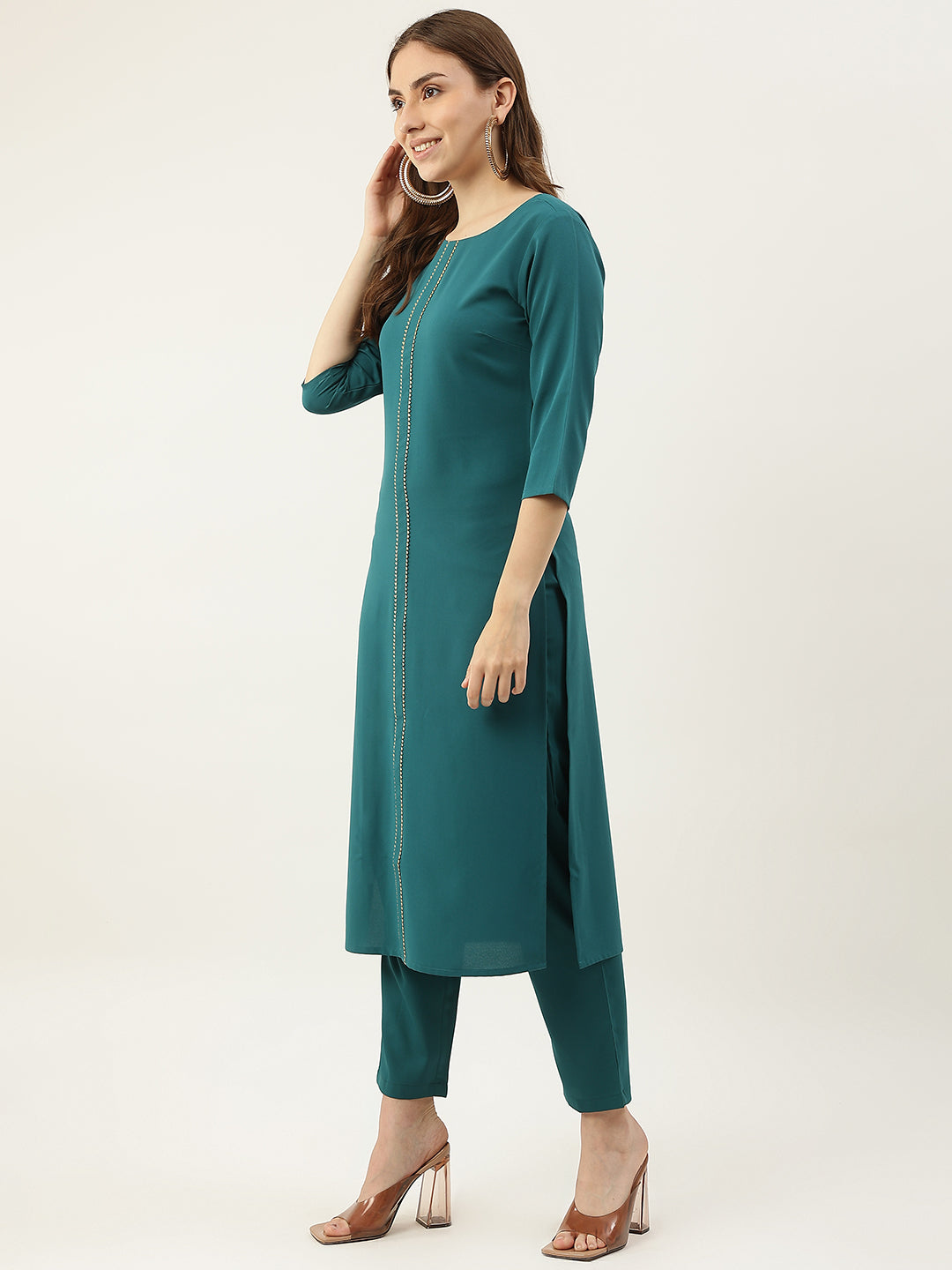 Women's Teal Blue Poly Crepe Straight Kurta with Pant and Dupatta