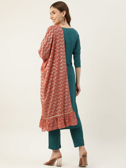 Women's Teal Blue Poly Crepe Straight Kurta with Pant and Dupatta