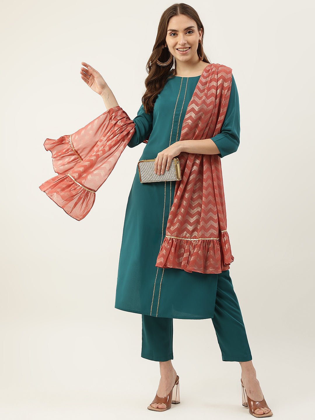 Women's Teal Blue Poly Crepe Straight Kurta with Pant and Dupatta