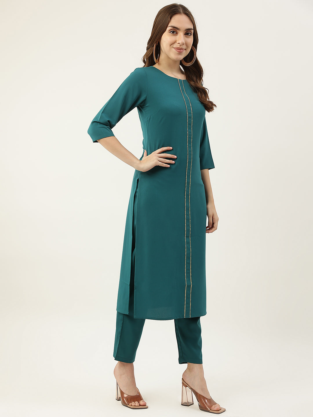 Women's Teal Blue Poly Crepe Straight Kurta with Pant and Dupatta