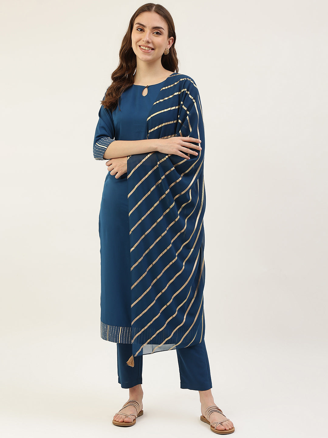 Women's Teal Blue Poly Crepe Straight Kurta with Pant and Dupatta