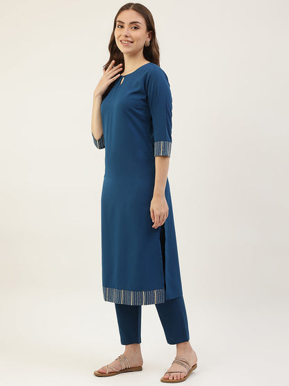 Women's Teal Blue Poly Crepe Straight Kurta with Pant and Dupatta