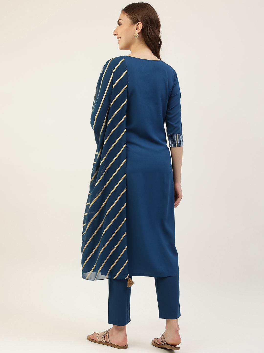 Women's Teal Blue Poly Crepe Straight Kurta with Pant and Dupatta