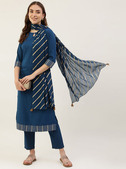 Women's Teal Blue Poly Crepe Straight Kurta with Pant and Dupatta