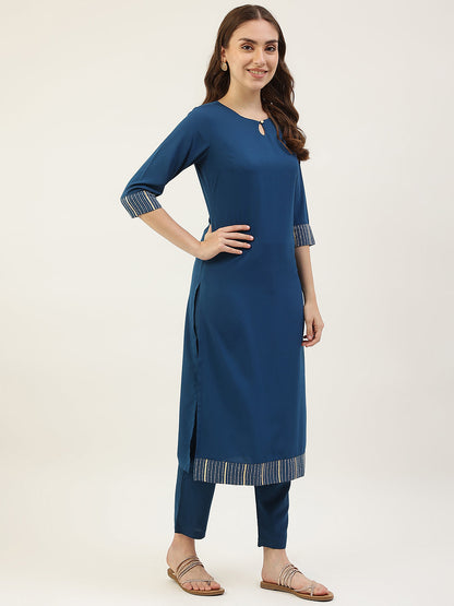 Women's Teal Blue Poly Crepe Straight Kurta with Pant and Dupatta