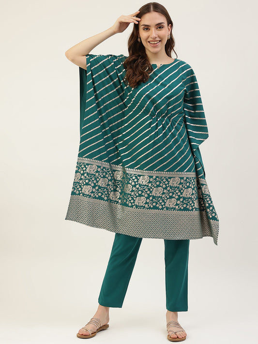 Women's Teal Blue Poly Crepe Kaftan Kurta with Pant