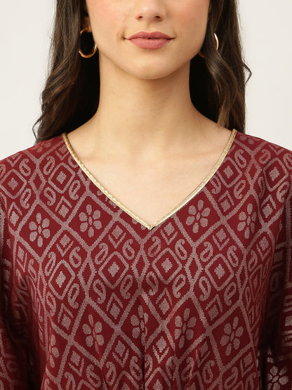 Women's Maroon Poly Crepe Kaftan Kurta with Pant