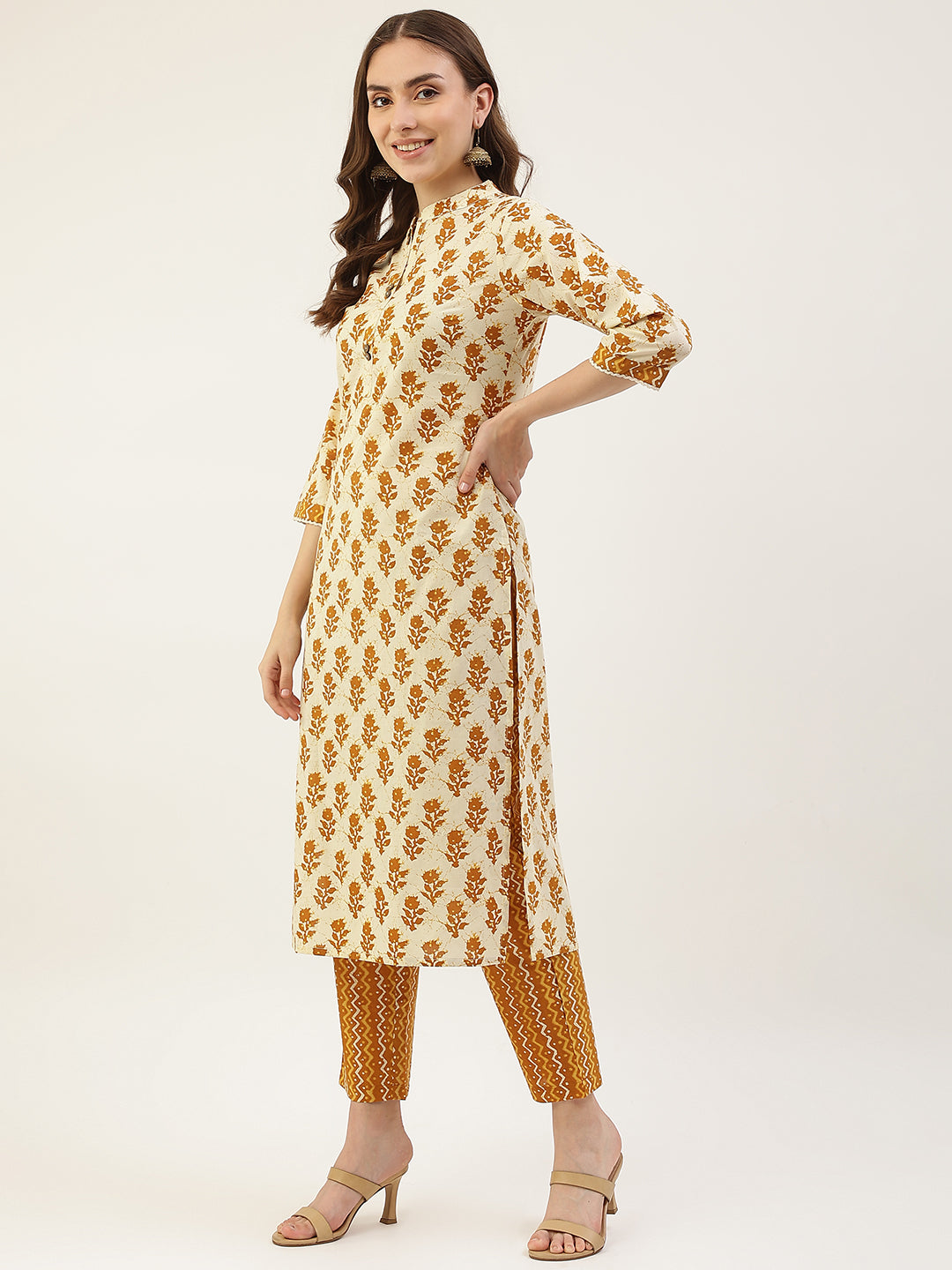 Women's Yellow Cotton Straight Kurta with Pant and Dupatta