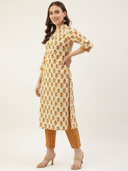 Women's Yellow Cotton Straight Kurta with Pant and Dupatta