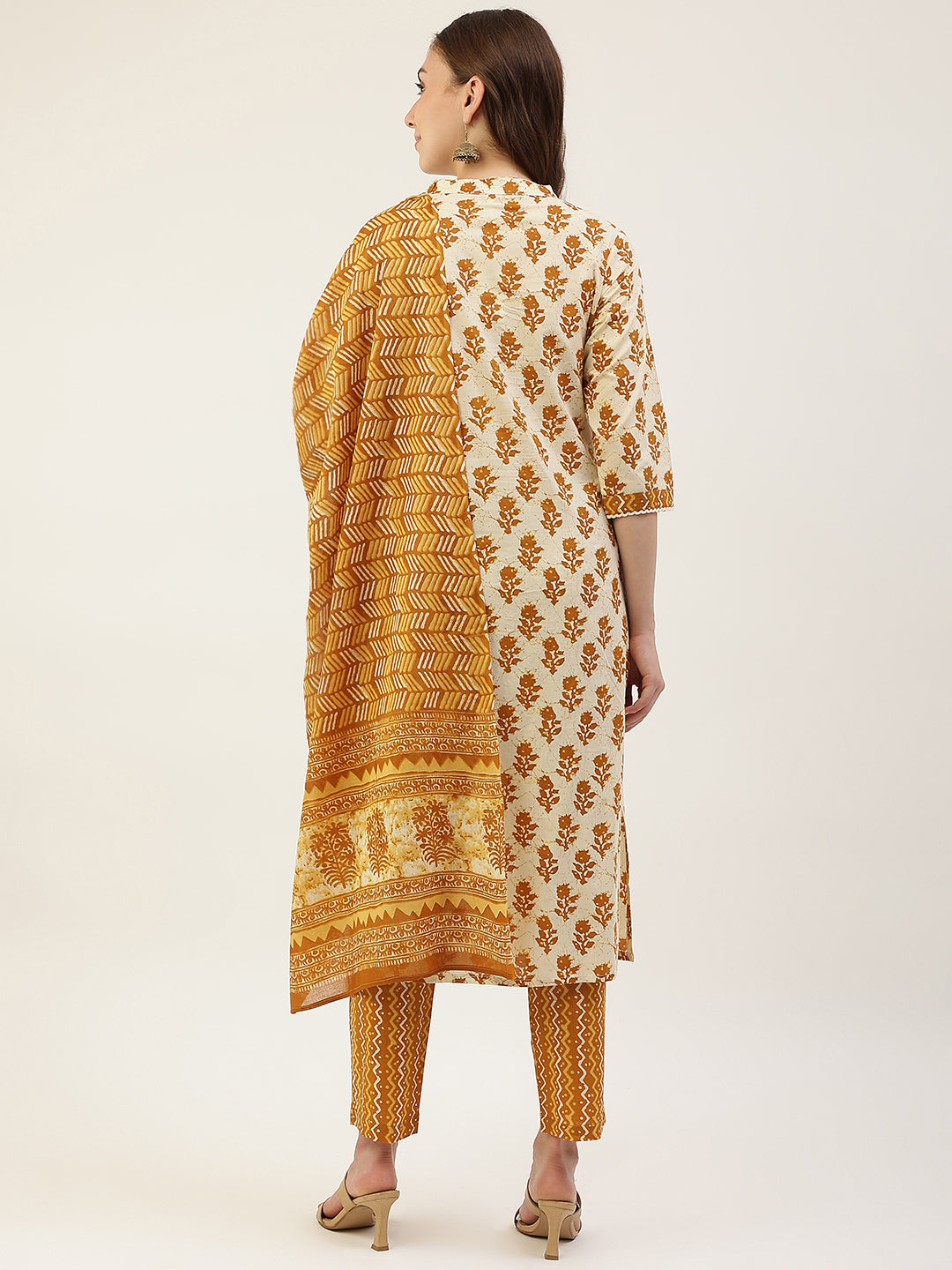 Women's Yellow Cotton Straight Kurta with Pant and Dupatta