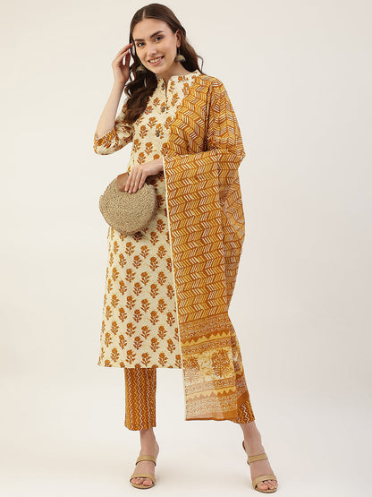 Women's Yellow Cotton Straight Kurta with Pant and Dupatta