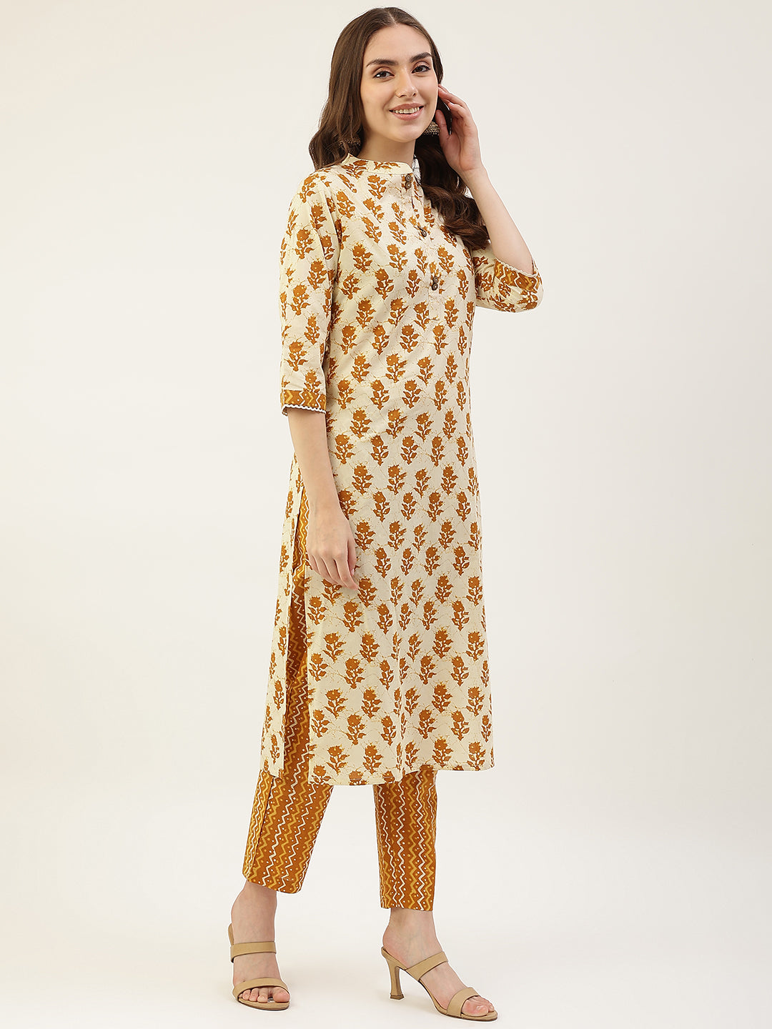 Women's Yellow Cotton Straight Kurta with Pant and Dupatta