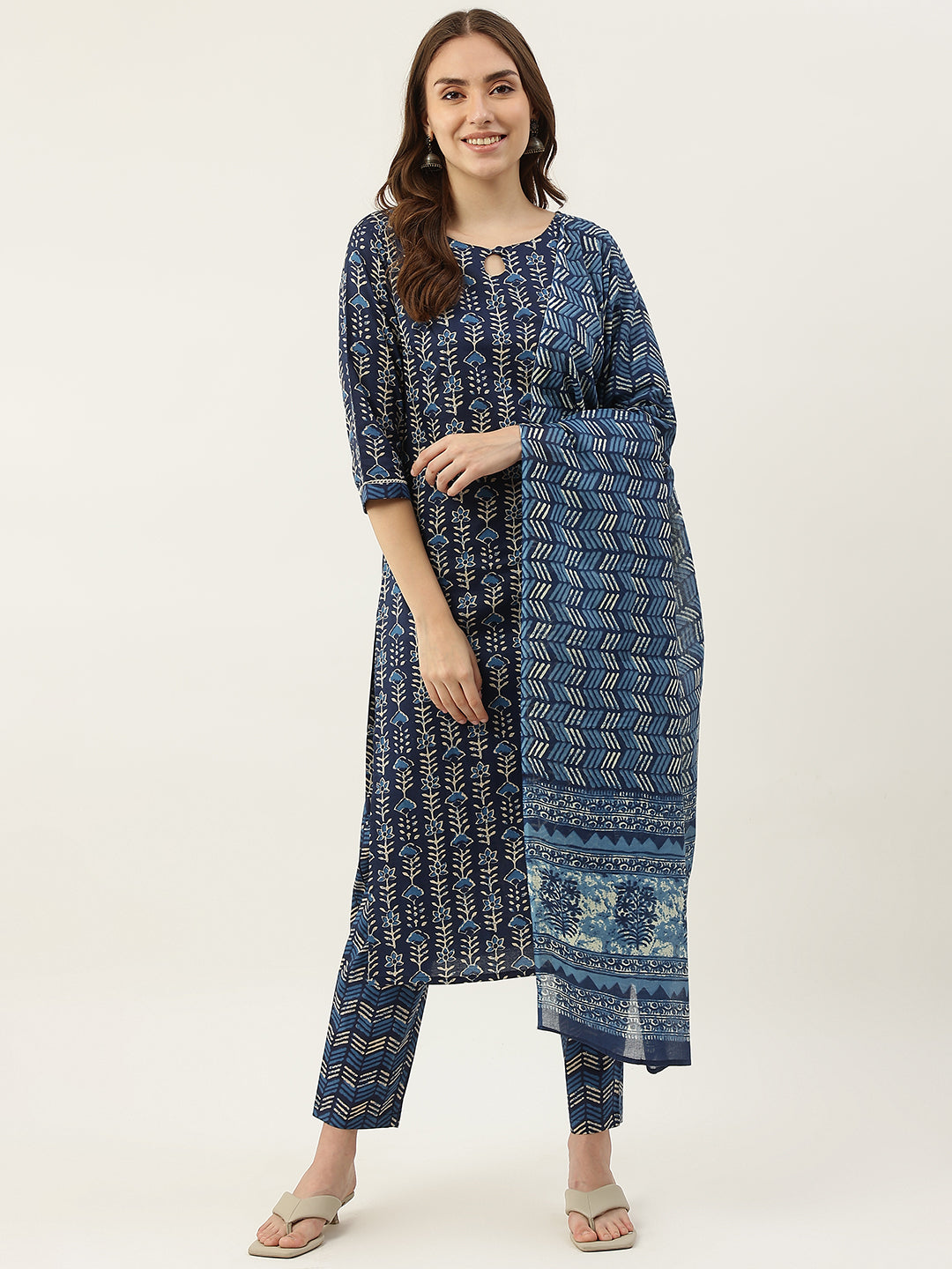 Women's Blue Pure Cotton Straight Kurta with Pant and Dupatta