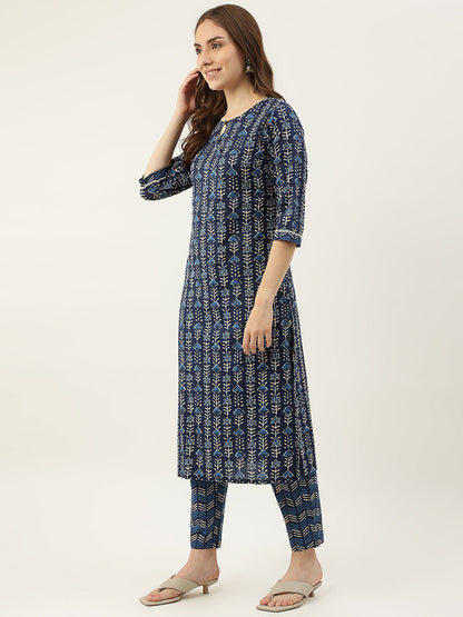 Women's Blue Pure Cotton Straight Kurta with Pant and Dupatta