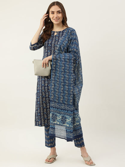 Women's Blue Pure Cotton Straight Kurta with Pant and Dupatta