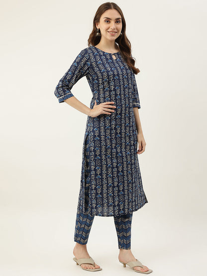 Women's Blue Pure Cotton Straight Kurta with Pant and Dupatta