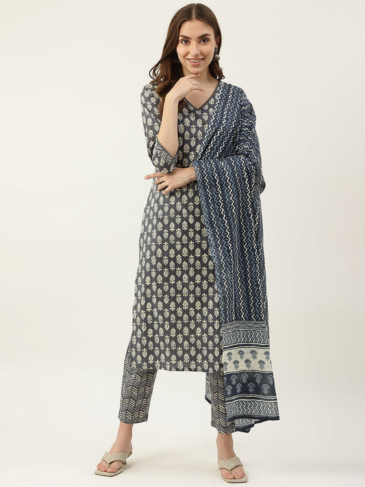 Women's Grey Cotton Straight Kurta with Pant and Dupatta