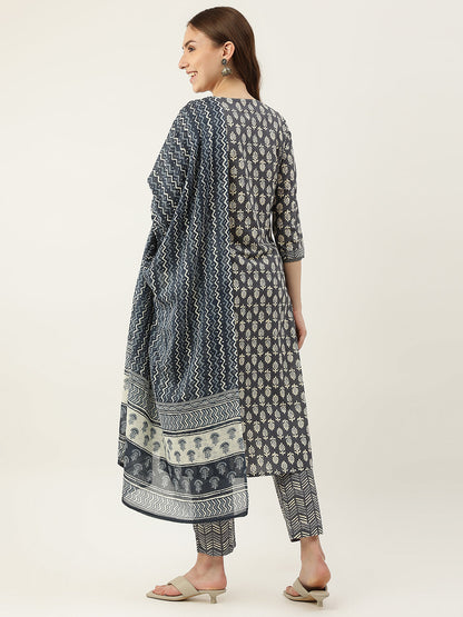 Women's Grey Cotton Straight Kurta with Pant and Dupatta