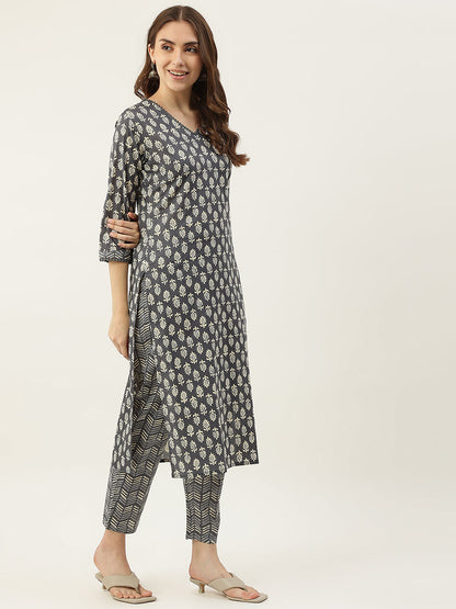 Women's Grey Cotton Straight Kurta with Pant and Dupatta