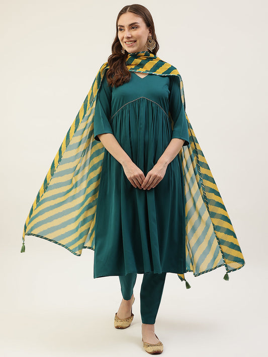 Women's Teal Green Crepe Gathered Flared Kurta with Pant and Dupatta