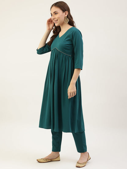 Women's Teal Green Crepe Gathered Flared Kurta with Pant and Dupatta