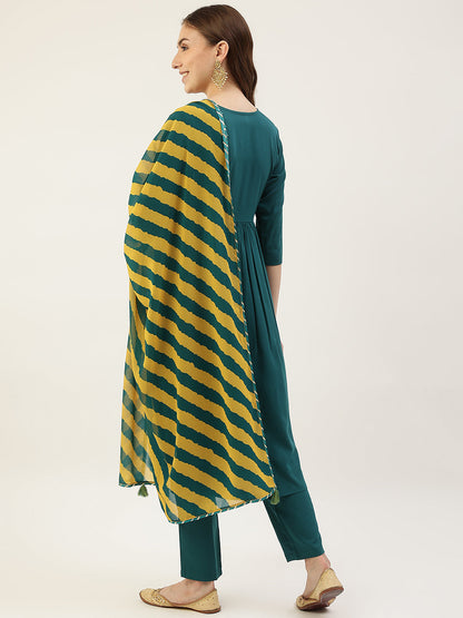 Women's Teal Green Crepe Gathered Flared Kurta with Pant and Dupatta