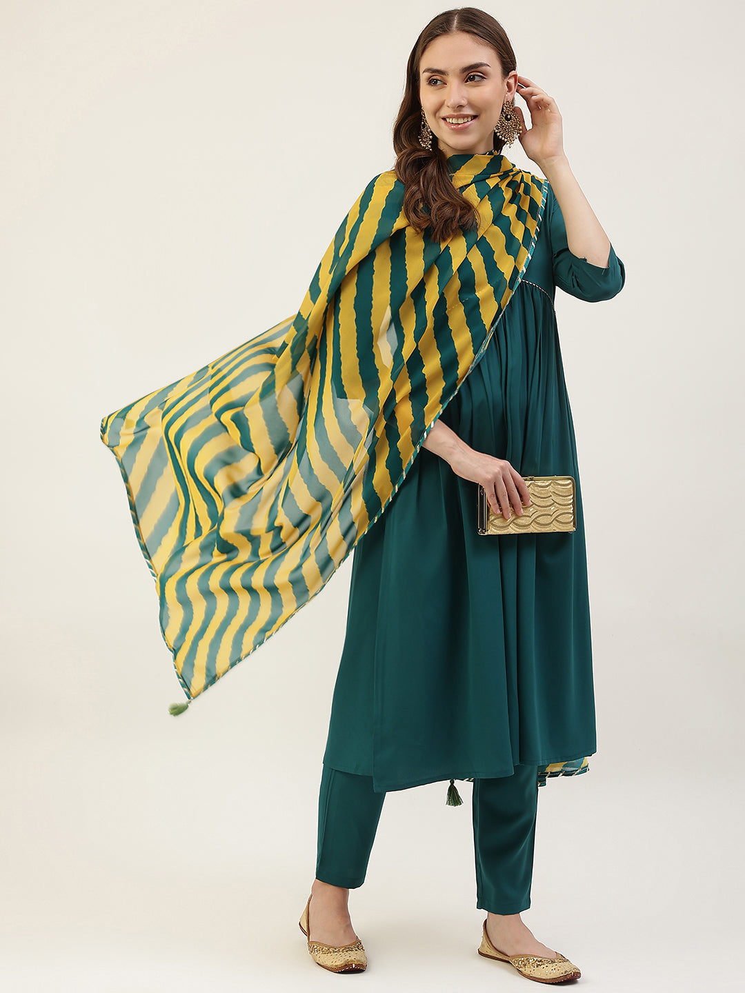 Women's Teal Green Crepe Gathered Flared Kurta with Pant and Dupatta