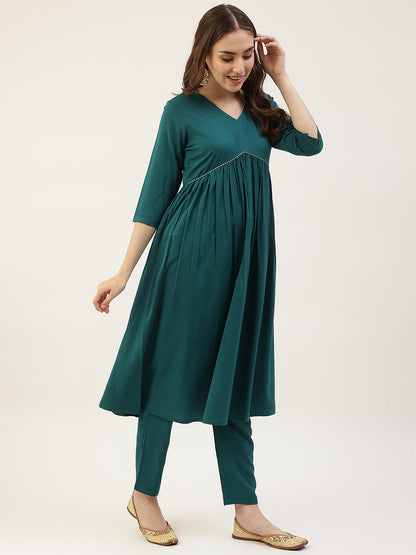 Women's Teal Green Crepe Gathered Flared Kurta with Pant and Dupatta