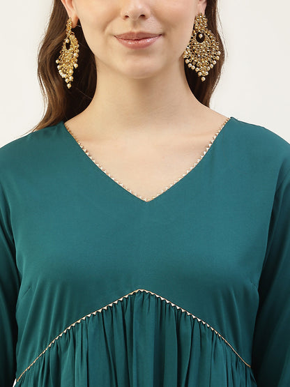 Women's Teal Green Crepe Gathered Flared Kurta with Pant and Dupatta