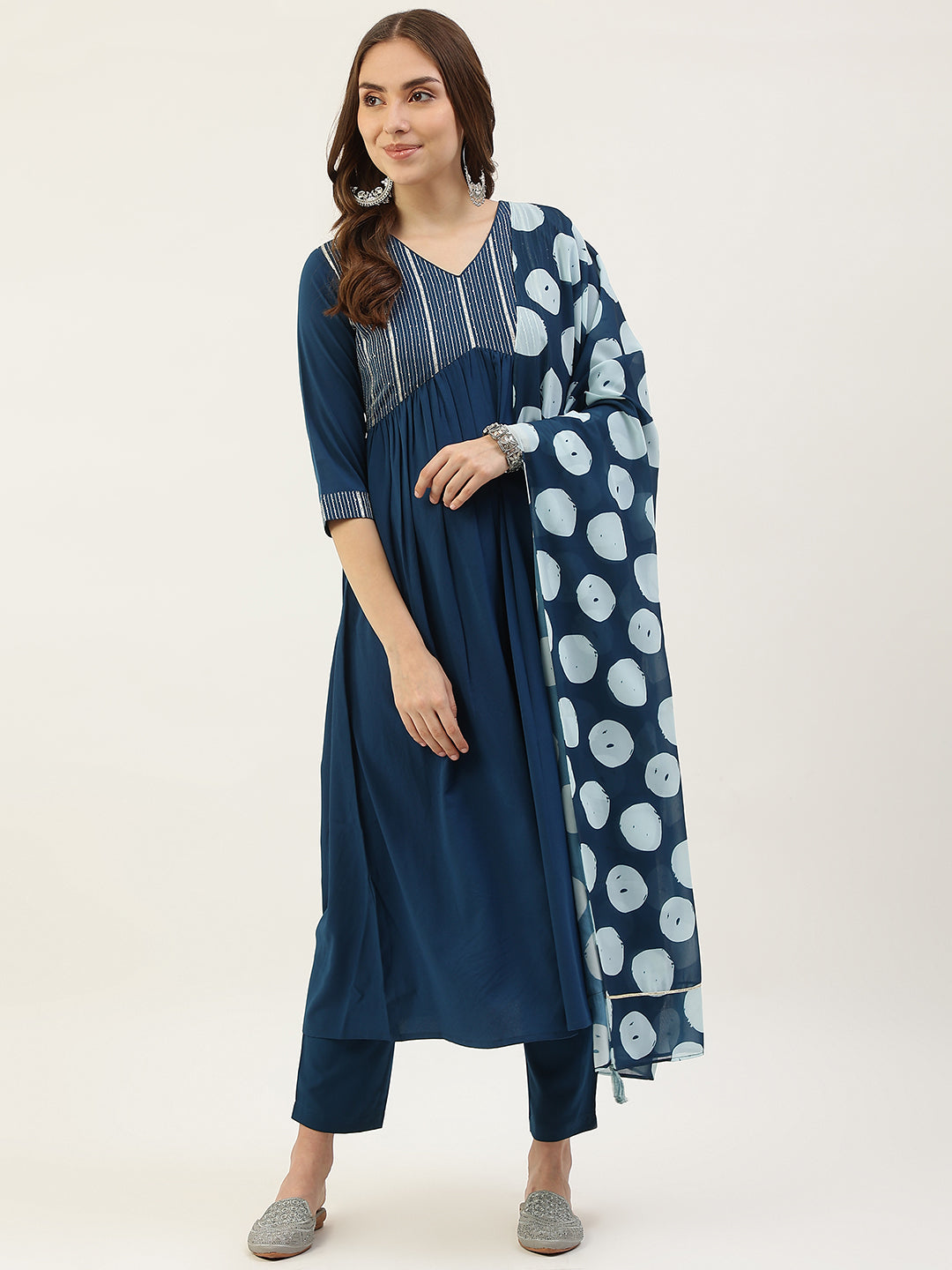 Women's Teal Blue Poly Crepe Straight Kurta with Pant and Dupatta