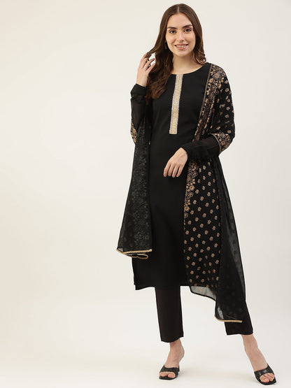 Women's Black Poly Crepe Straight Kurta with Pant and Dupatta